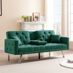 Aukfa 76" Square Arm Futon Convertible Sofa Bed for Home Office, 2 Cup Holder&Pillows, Linen, Green