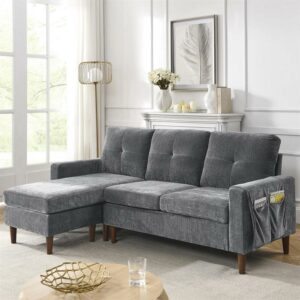 Aukfa 80" Sectional Sofa for Living Room, 3 Seater Couch with Reversible Ottoman, Chenille, Dark Gray