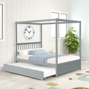 Aukfa Canopy Bed Full Size Platform Bed with Trundle, Solid Wood Bed Frame for Kids, Teens, Adults - Gray