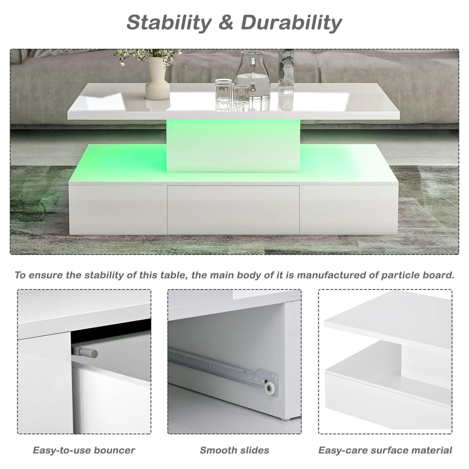 Aukfa Coffee Table with Drawer - 2-Tier LED Light Cocktail Table for Living Room - White - Image 4