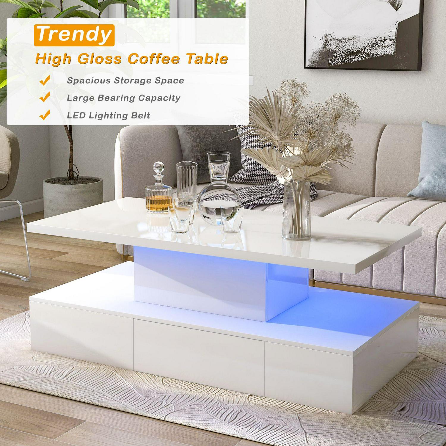 Aukfa Coffee Table with Drawer - 2-Tier LED Light Cocktail Table for Living Room - White - Image 3