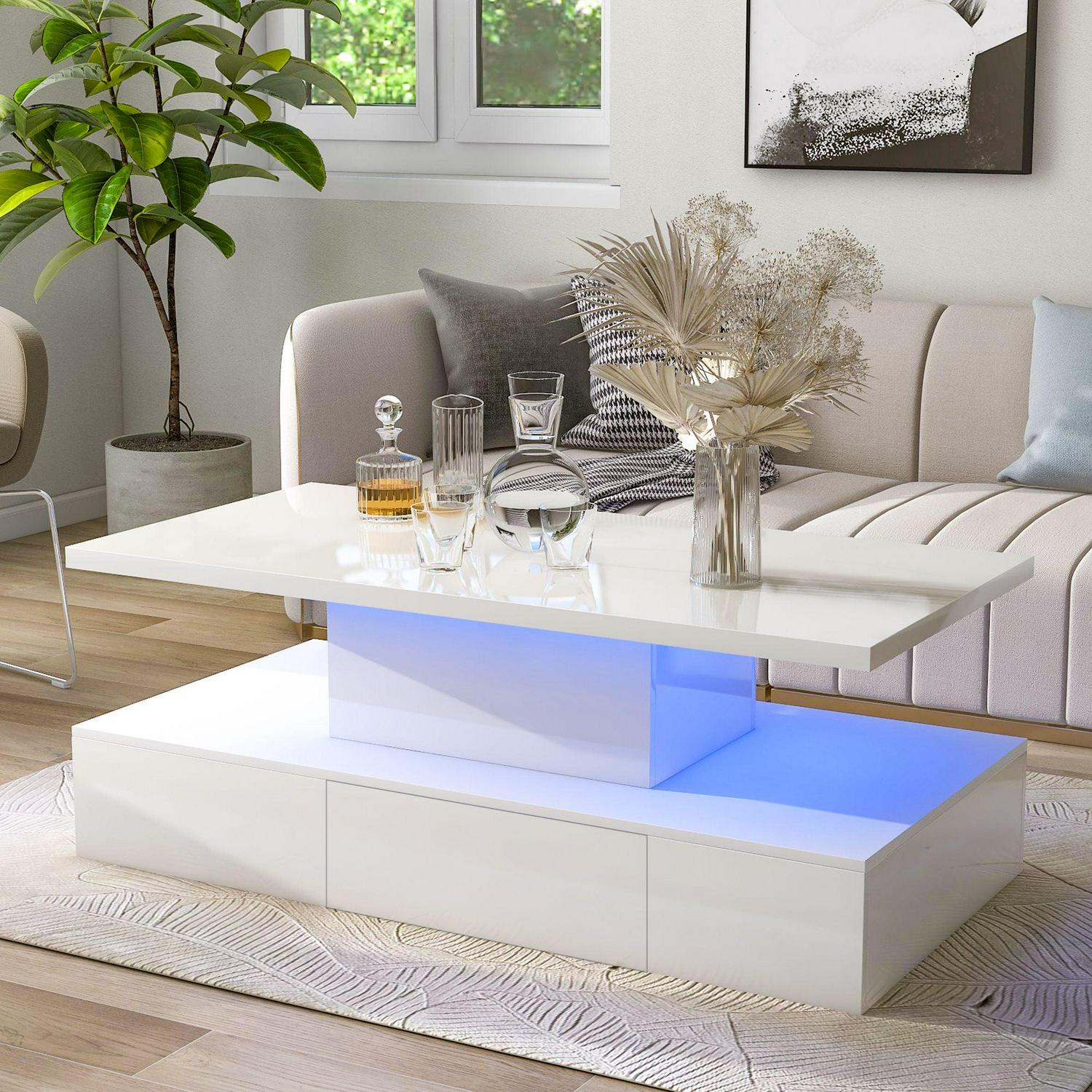 Aukfa Coffee Table with Drawer - 2-Tier LED Light Cocktail Table for Living Room - White