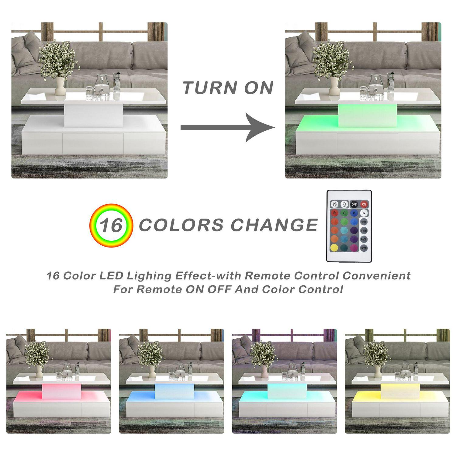 Aukfa Coffee Table with Drawer - 2-Tier LED Light Cocktail Table for Living Room - White - Image 5