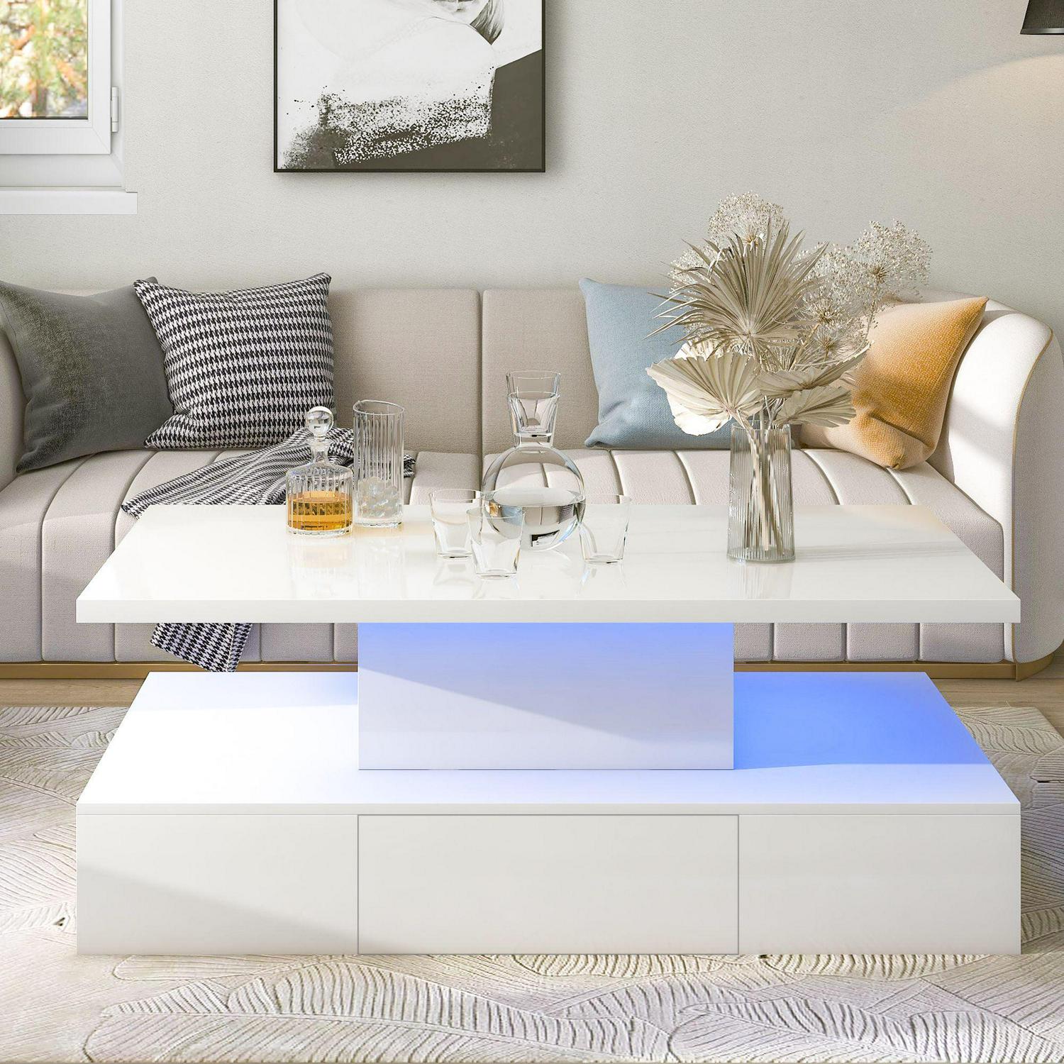 Aukfa Coffee Table with Drawer - 2-Tier LED Light Cocktail Table for Living Room - White - Image 2