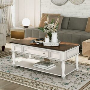 Aukfa Coffee Table with Drawer and Storage Shelf - Cocktail Table for Living Room - Antique White
