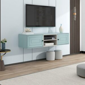 Aukfa Floating TV Stand for TVs up to 60" - Wall Mounted TV Shelf with Cabinets - Blue