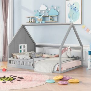 Aukfa Floor House Bed for Kids, Wood Full Bed with Fence, Gray