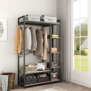 Aukfa Freestanding Clothes Rack with Storage and Hanging Rod - Grey
