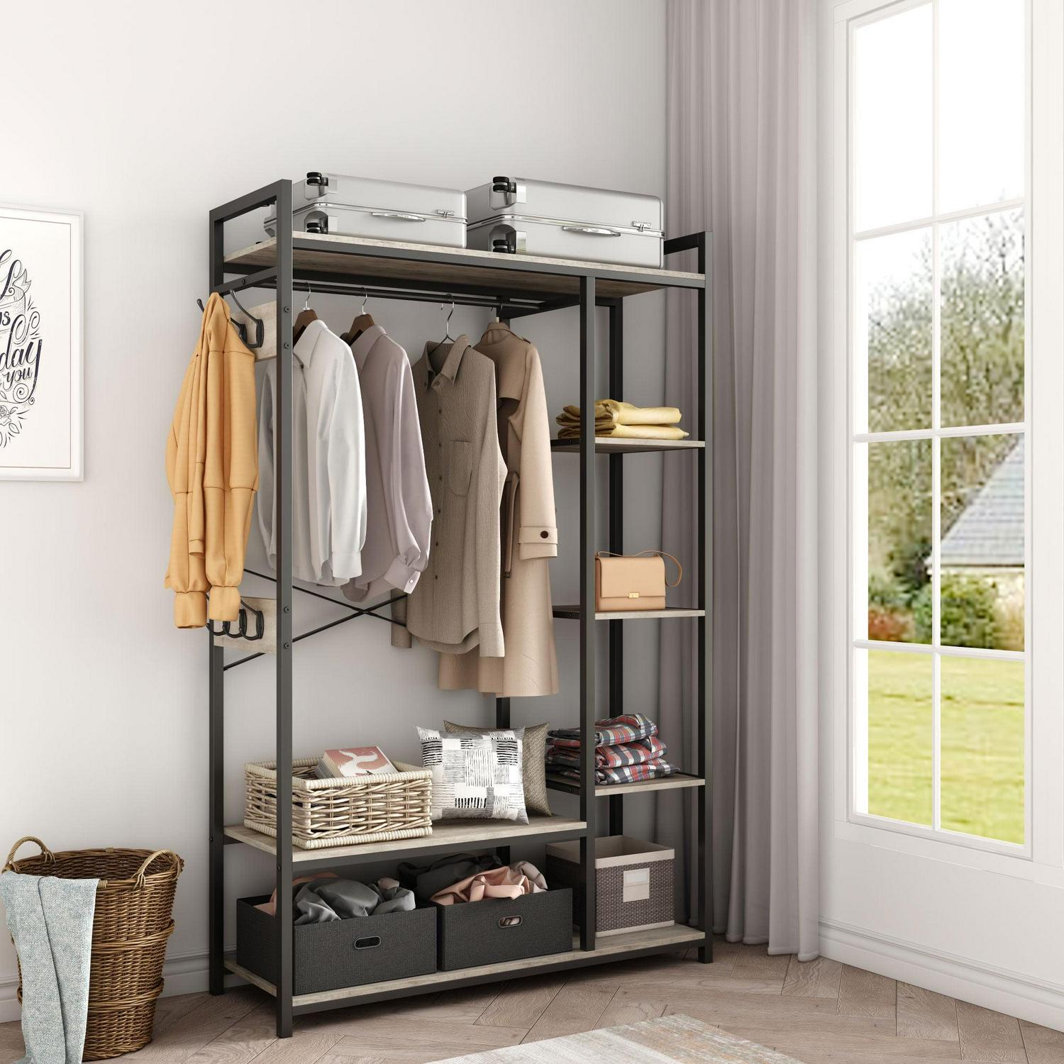 Aukfa Freestanding Clothes Rack with Storage and Hanging Rod - Grey