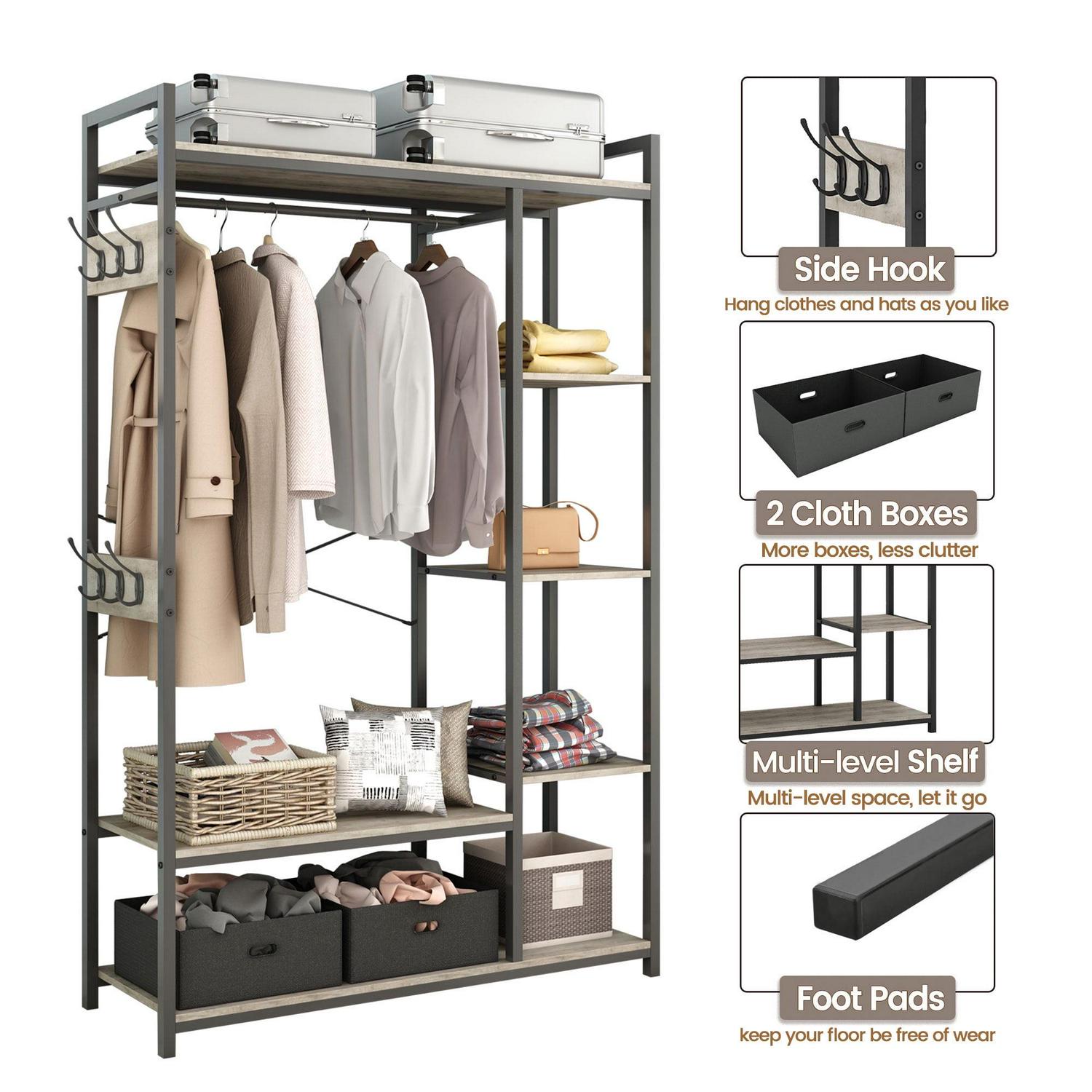 Aukfa Freestanding Clothes Rack with Storage and Hanging Rod - Grey - Image 2