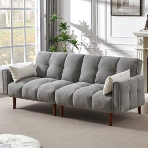 Aukfa 81" Oversized Futon Convertible Sofa Bed, Tufted Couch for Living Room, 2 Pillow, Linen, Gray
