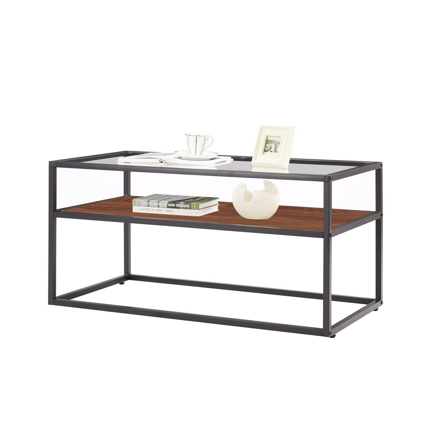 Aukfa Glass Coffee Table - 2 Tier Rectangular Modern Center Table for Living Room - Black - Image 4