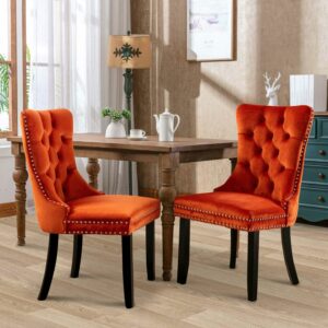 Aukfa High-End Upholstered Dining Chairs Set of 2, Modern Tufted Solid Wood Side Chair with Nailhead Trim - Orange