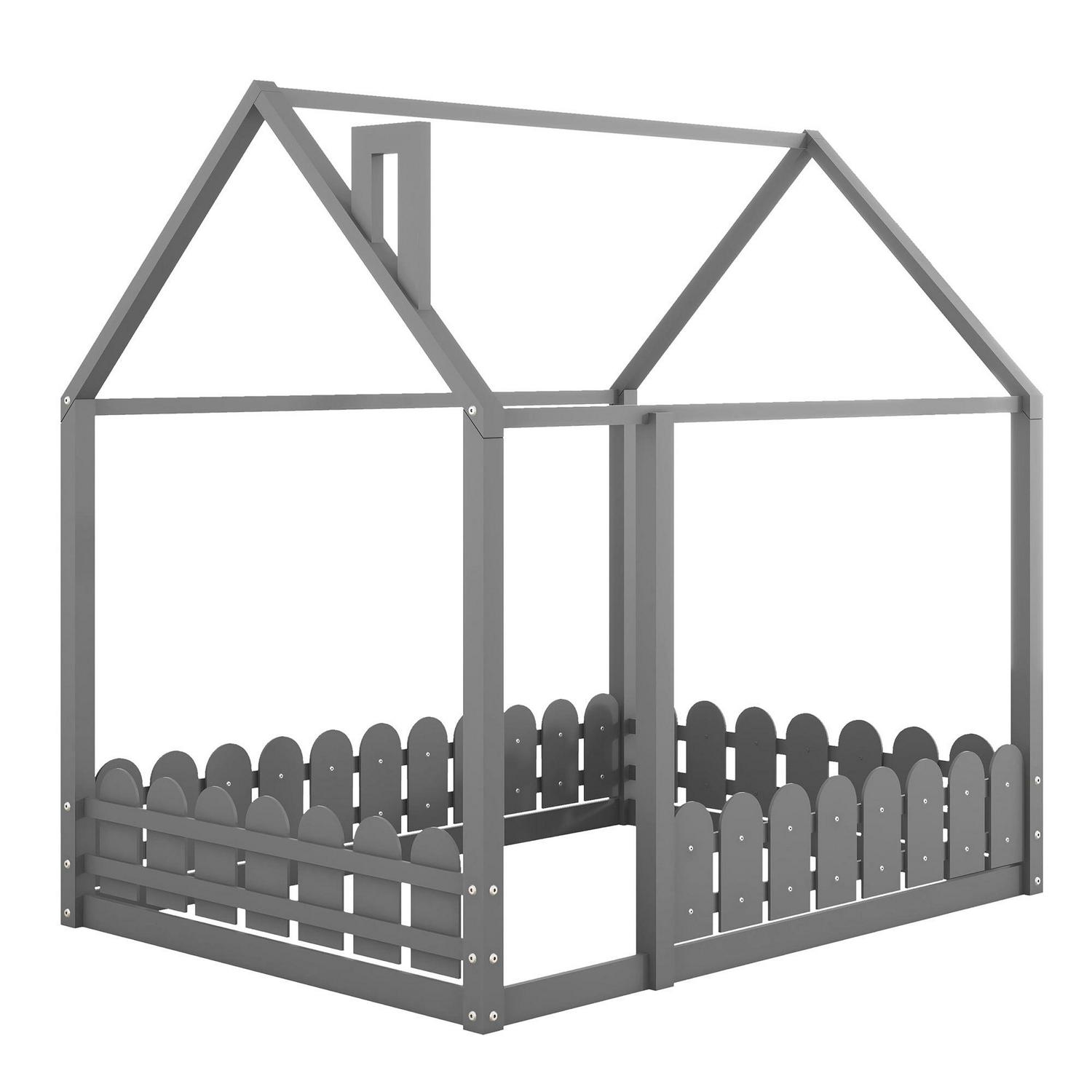 Aukfa House Bed for Kids Teen, Wood Bed Frame with Fence, Full Size Bed, Gray - Image 5
