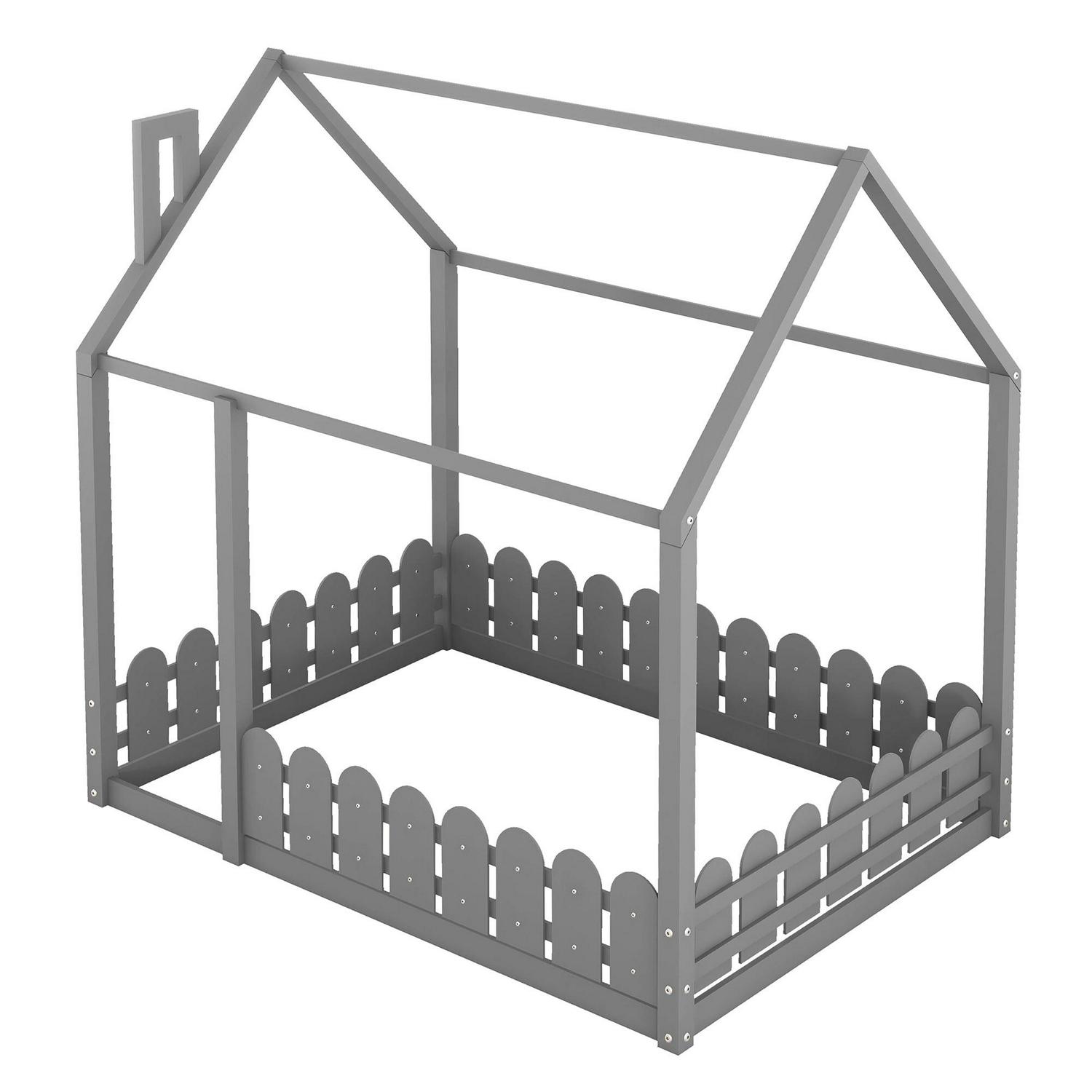 Aukfa House Bed for Kids Teen, Wood Bed Frame with Fence, Full Size Bed, Gray - Image 3