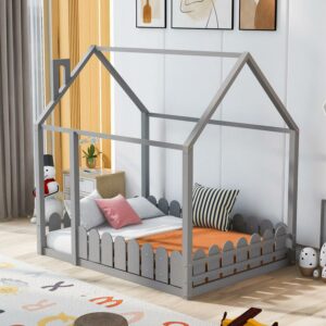 Aukfa House Bed for Kids Teen, Wood Bed Frame with Fence, Full Size Bed, Gray