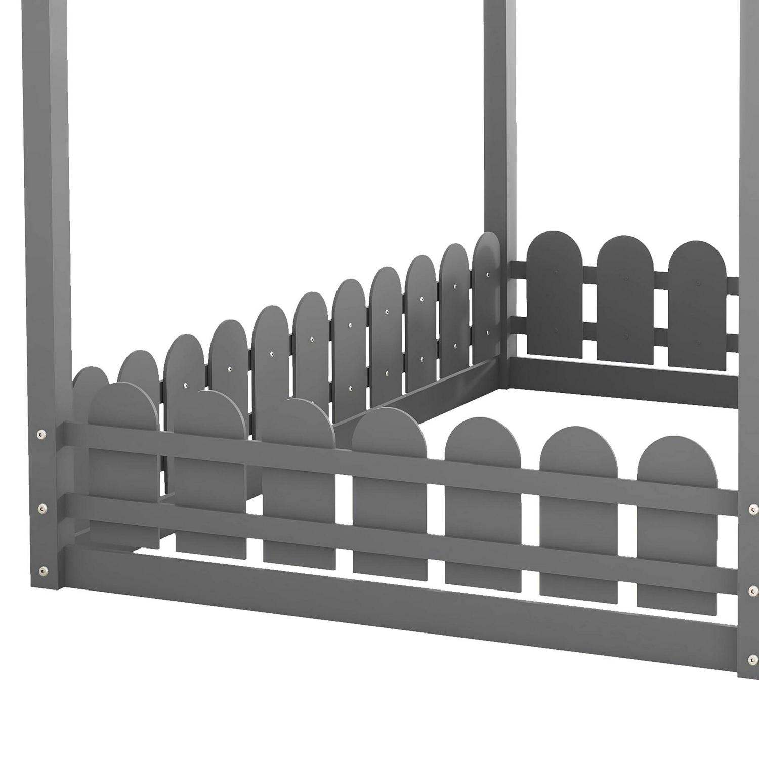 Aukfa House Bed for Kids Teen, Wood Bed Frame with Fence, Full Size Bed, Gray - Image 7