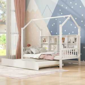 Aukfa House Bed with Trundle, Twin Platform Bed with Storage Shelves and Roof - White