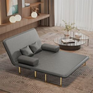 Aukfa Leather Chaise Futon Convertible Sofa Bed Full Size, Loveseat for Living Room, Gray