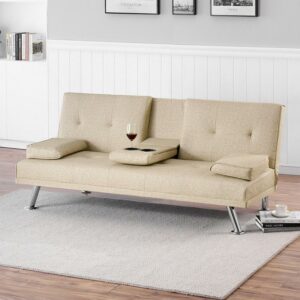 Aukfa Leather Futon Convertible Sofa Bed for Home Office, 2 Cup Holders Twin Size, Beige