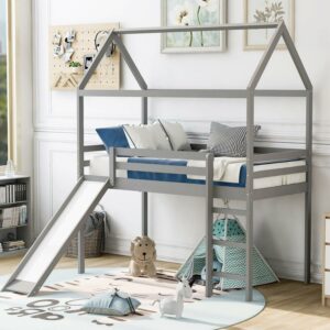 Aukfa Loft Bed with Slide, Twin Size House Roof Loft Bed for Kids - Gray