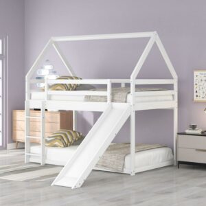 Aukfa Low Bunk Bed, Twin-Over-Twin House Bed Frame for Kids with Slide - White