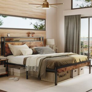 Aukfa Metal Full Size Bed Frame with USB Charge Port, Wood Storage Headboard Shelf, Black