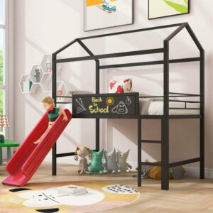 Aukfa Metal Twin Loft Bed with Slide and Wooden Blackboard, House Shaped Top, Black&Red