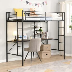 Aukfa Metal Twin Loft Bed with Desk and Storage Shelves for Kids Teens Bedroom Dorm, Black
