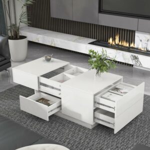 Aukfa Modern Extendable Coffee Table - Rectangle Cocktail Table with 4 Storage Drawers - White