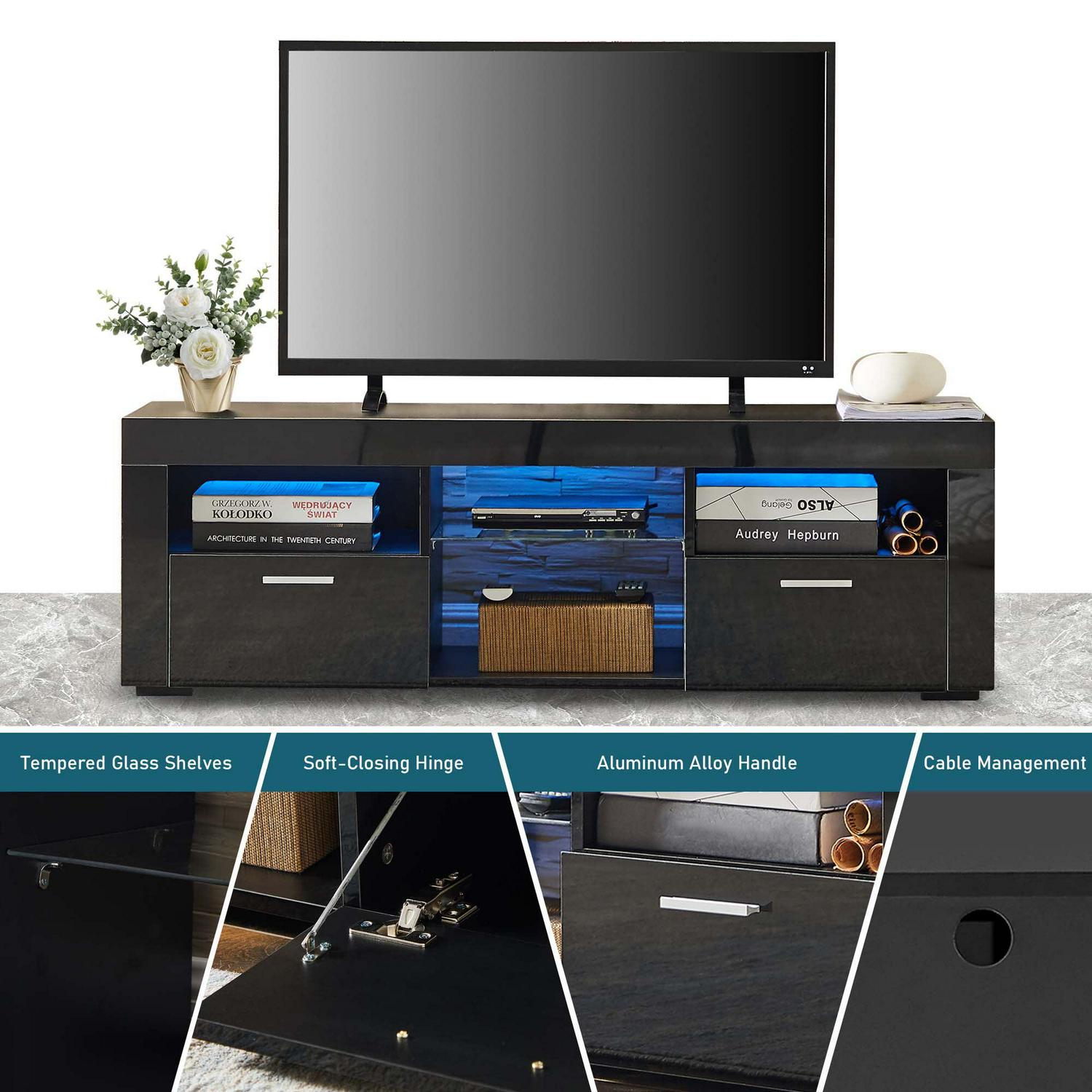 Aukfa Modern LED TV Stand for 55 inch TV, High Gloss TV Cabinet for Living Room - Black - Image 3