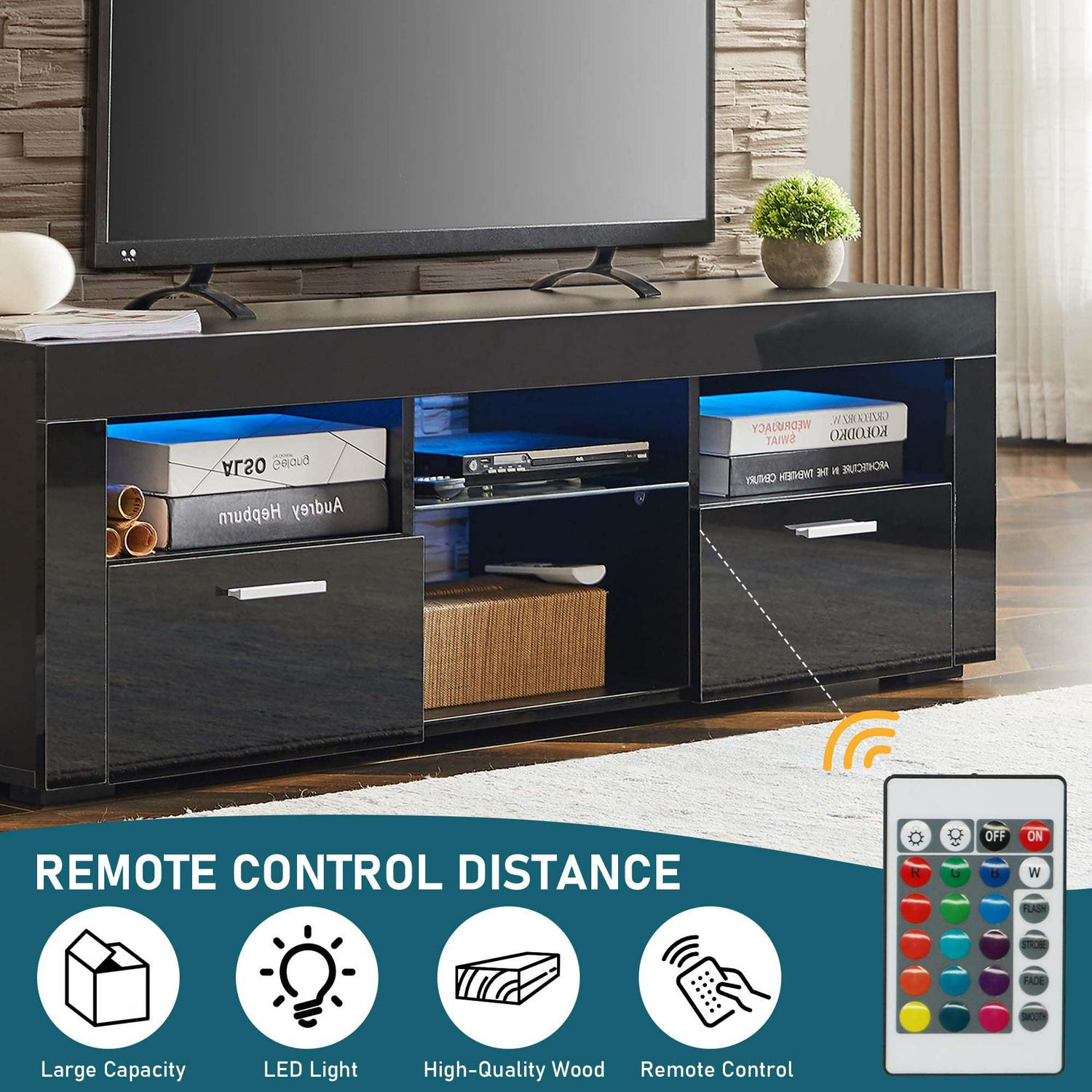 Aukfa Modern LED TV Stand for 55 inch TV, High Gloss TV Cabinet for Living Room - Black - Image 4