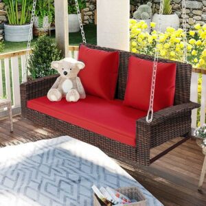 Aukfa Outdoor Porch Swings - Hanging Patio Bench with Chains and Pillow - Red