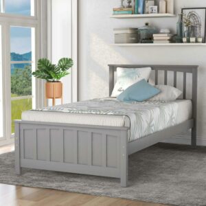 Aukfa Platform Bed, Twin Bed Frame with Headboard, Wooden - Gray