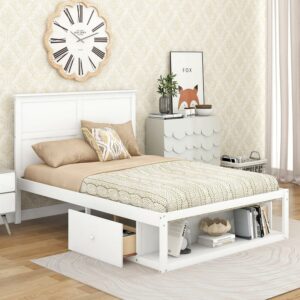 Aukfa Platform Bed with Drawers and Shelf, Full Size Storage Bed, Wooden - White