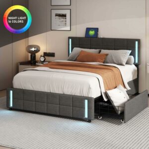 Aukfa Queen Upholstered Bed with 4 Drawers, LED Bed Frame with Headboard and USB Ports - Gray