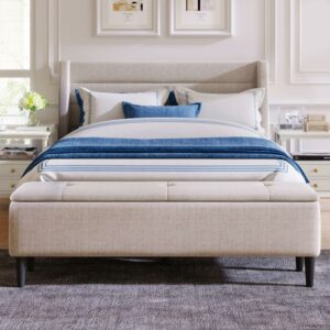 Aukfa Queen Upholstered Bed with Storage Ottoman Bench, Linen Upholstered Platform Bed, Beige