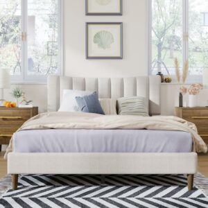 Aukfa Queen Upholstered Bed Frame, Platform Bed with Headboard - Beige