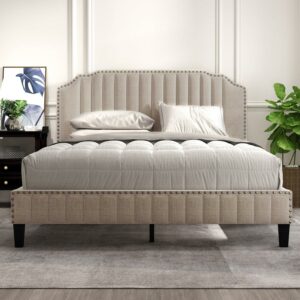 Aukfa Queen Upholstered Bed, Top Nail Trim Velvet Upholstered Platform Bed, Beige