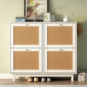 Aukfa Rattan 4-Tier Shoe Cabine with Drawers - White