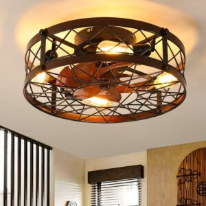 Aukfa Retro Small Ceiling Fan with Light Remote Control, Flush Mount, Caged Fan with 4 Bulbs for Farmhouse Dining Room Bedroom