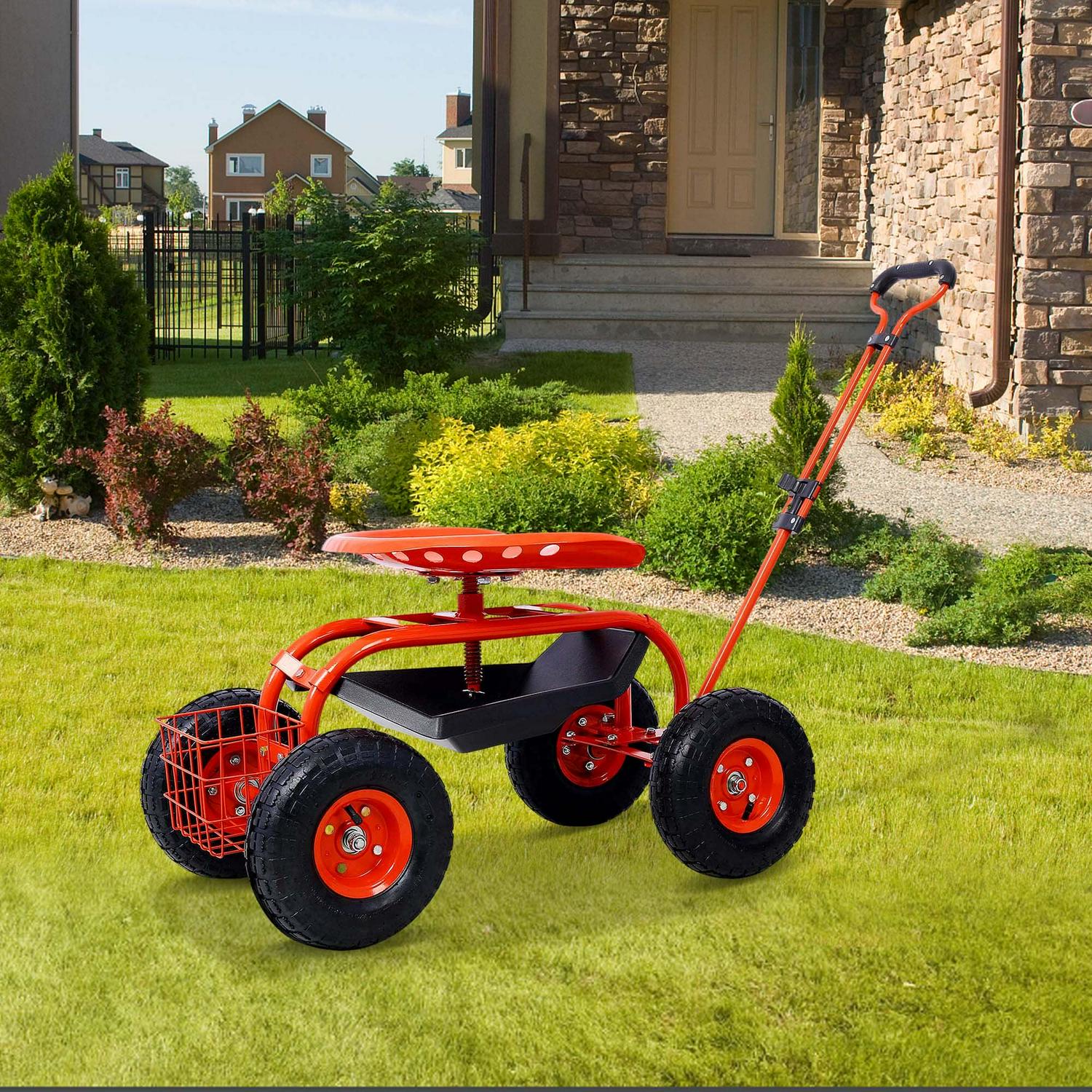 Aukfa Rolling Garden Cart Scooter with Swivel Seat, Wheels, and Tool Tray - Red