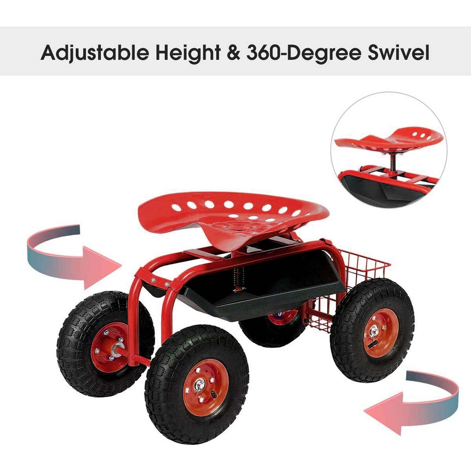 Aukfa Rolling Garden Cart Scooter with Swivel Seat, Wheels, and Tool Tray - Red - Image 6