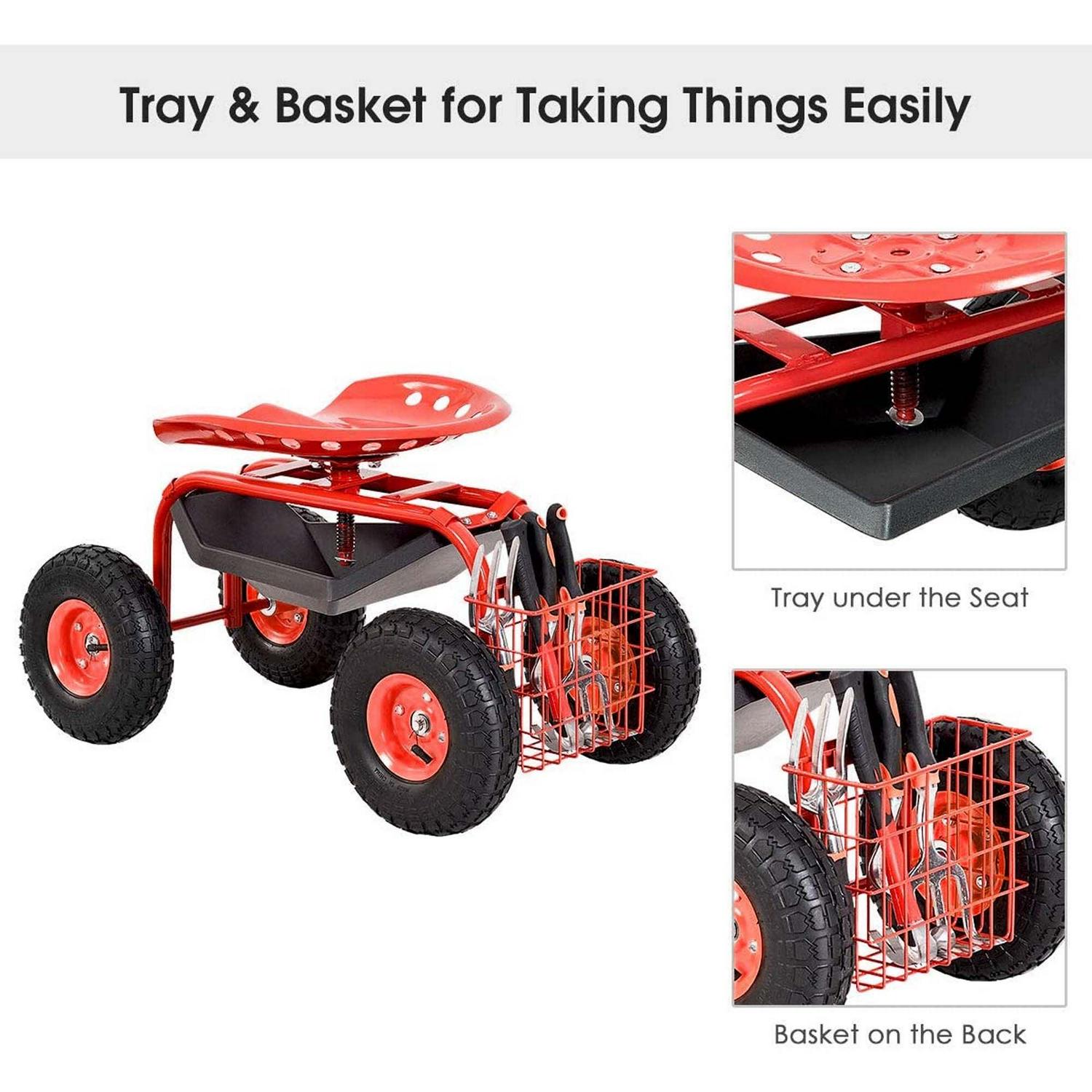 Aukfa Rolling Garden Cart Scooter with Swivel Seat, Wheels, and Tool Tray - Red - Image 5