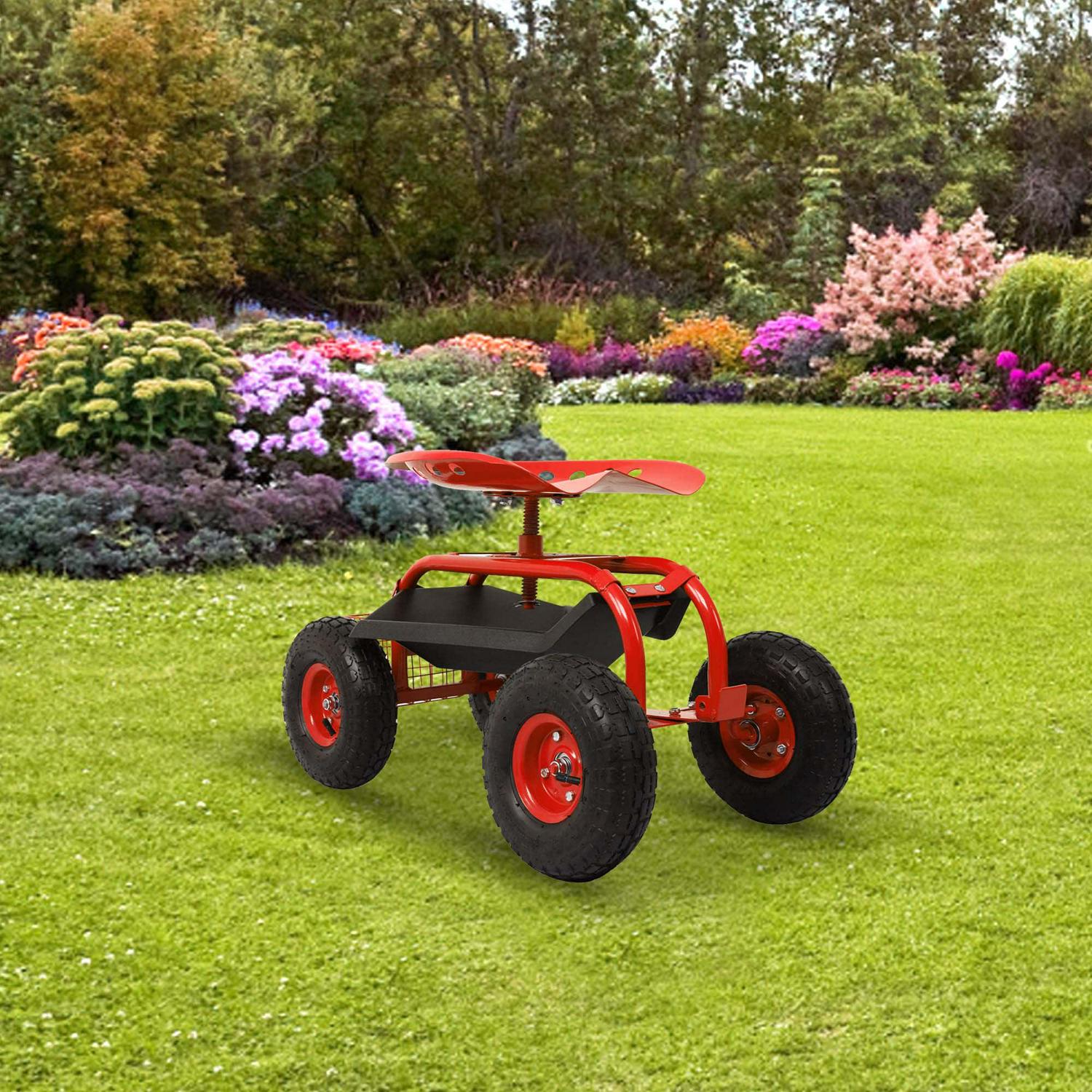 Aukfa Rolling Garden Cart Scooter with Swivel Seat, Wheels, and Tool Tray - Red - Image 2