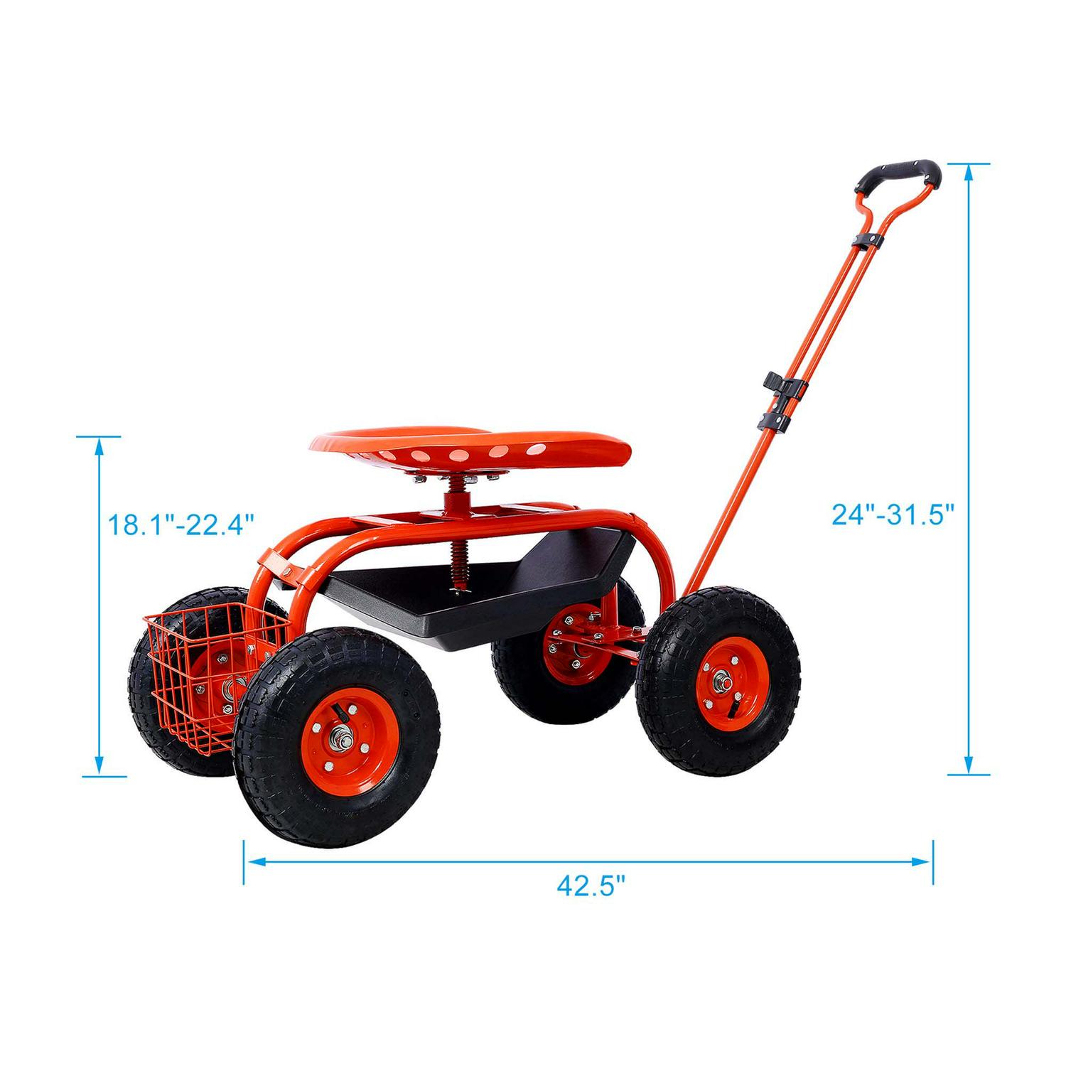 Aukfa Rolling Garden Cart Scooter with Swivel Seat, Wheels, and Tool Tray - Red - Image 4