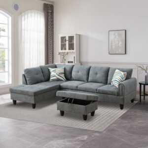 Aukfa Sectional Sofa, Living Room Couch with Storage Ottoman, Left Facing Chaise, Flannel, Dark Gray