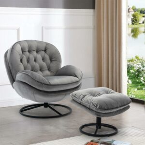 Aukfa Swivel Accent Chair with Ottoman- Tufted Back- Velvet Reading Chair for Living Room - Gray