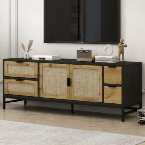 Aukfa TV Stand for TVs up to 65", Rattan Media Console with Adjustable Shelves for Living Room,Boho - Black