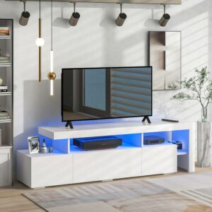 Aukfa TV Stand with 16-colored LED Lights and DVD Shelf for TVs up to 70” - White